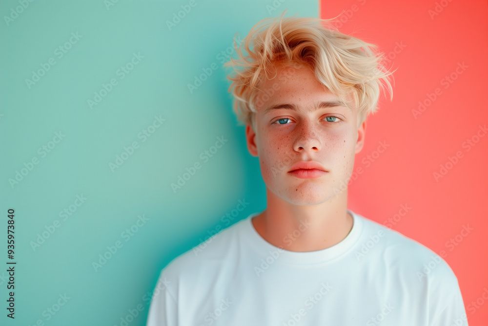 Portrait of a young man with tousled blonde hair, standing against a split red and green background, wearing a white t-shirt, exuding a calm and fresh vibe. Portrait of a young man with tousled blonde hair, standing against a split red and green background, wearing a white t-shirt, exuding a calm and fresh vibe.