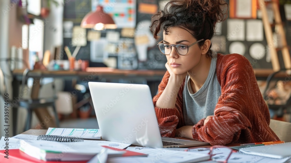 Young Woman Working on Laptop in a Creative Workspace. Young Woman Working on Laptop in a Creative Workspace.
