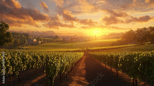 3D rendering of an idyllic vineyard with rows of grapevines, a winery, and a beautiful sunset.