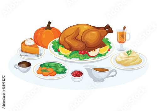 Thanksgiving dinner with roasted turkey, vegetables, mashed potatoes, pumpkin pie, gravy, cranberry vector illustration. Thanksgiving dinner foods menu icon set. Roasted turkey with garnish on a plate
