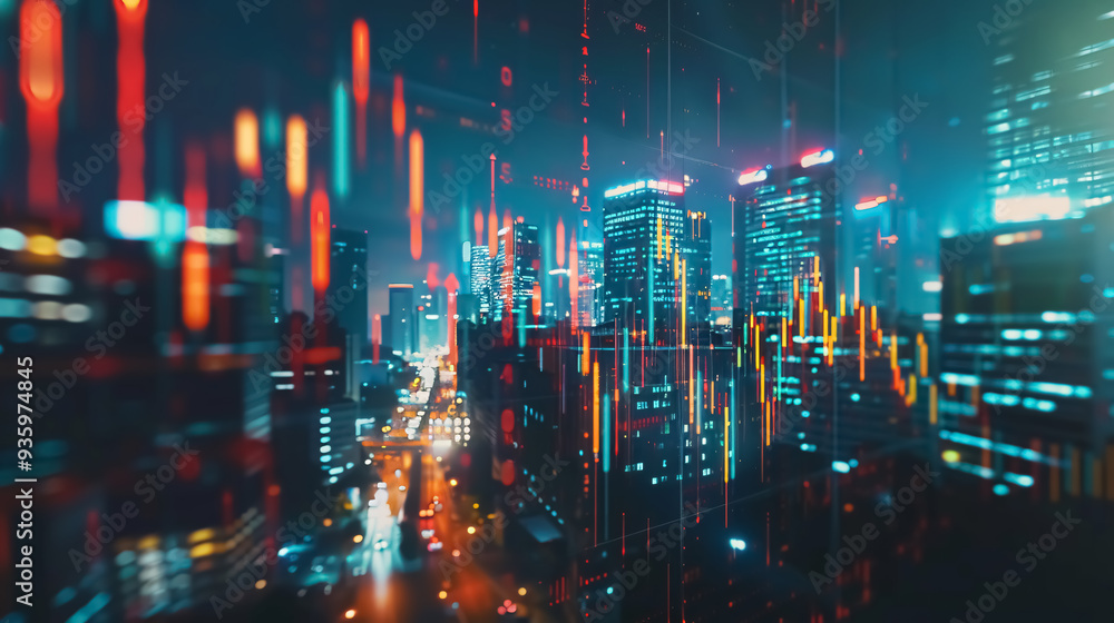 Obraz premium Double exposure of a candlestick graph chart with indicators, a stock market price screen