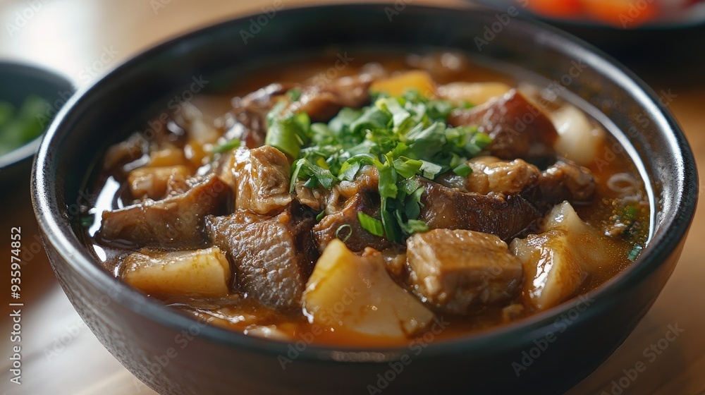 A bowl of shark fin stew, highlighted by warm lighting that accentuates the rich color and texture of the dish. A bowl of shark fin stew, highlighted by warm lighting that accentuates the rich color and texture of the dish.