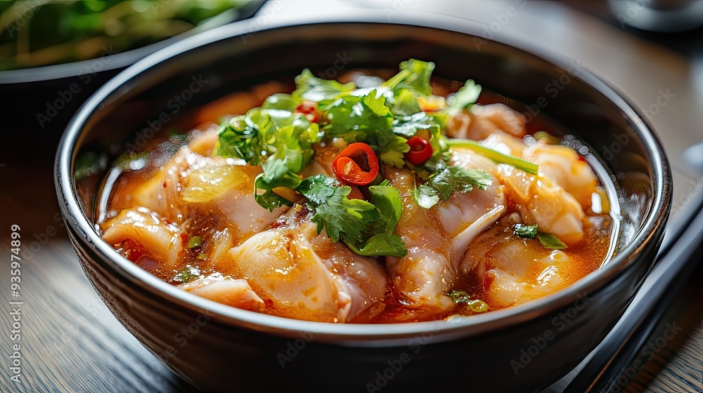 A bowl of shark fin stew, highlighted by warm lighting that accentuates the rich color and texture of the dish. A bowl of shark fin stew, highlighted by warm lighting that accentuates the rich color and texture of the dish.