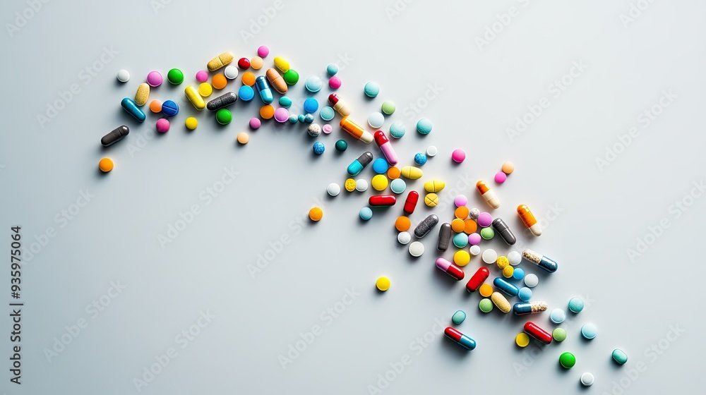 A cascade of colorful pills falling onto a light grey backdrop, creating an energetic and visually appealing scene. A cascade of colorful pills falling onto a light grey backdrop, creating an energetic and visually appealing scene.