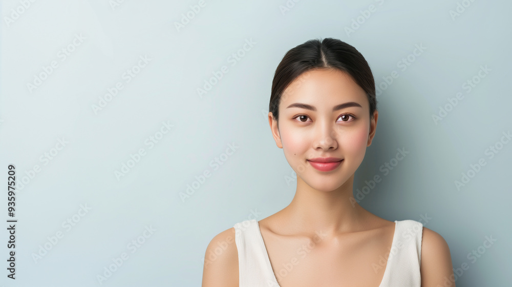 A beautiful young Chinese woman with clear, glowing skin, softly smiling while posing in a white top against a clean background. A beautiful young Chinese woman with clear, glowing skin, softly smiling while posing in a white top against a clean background.