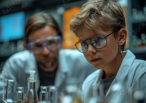 Modern school laboratory, In the foreground, a schoolboy in a white coat and safety goggles conducts a chemical experiment