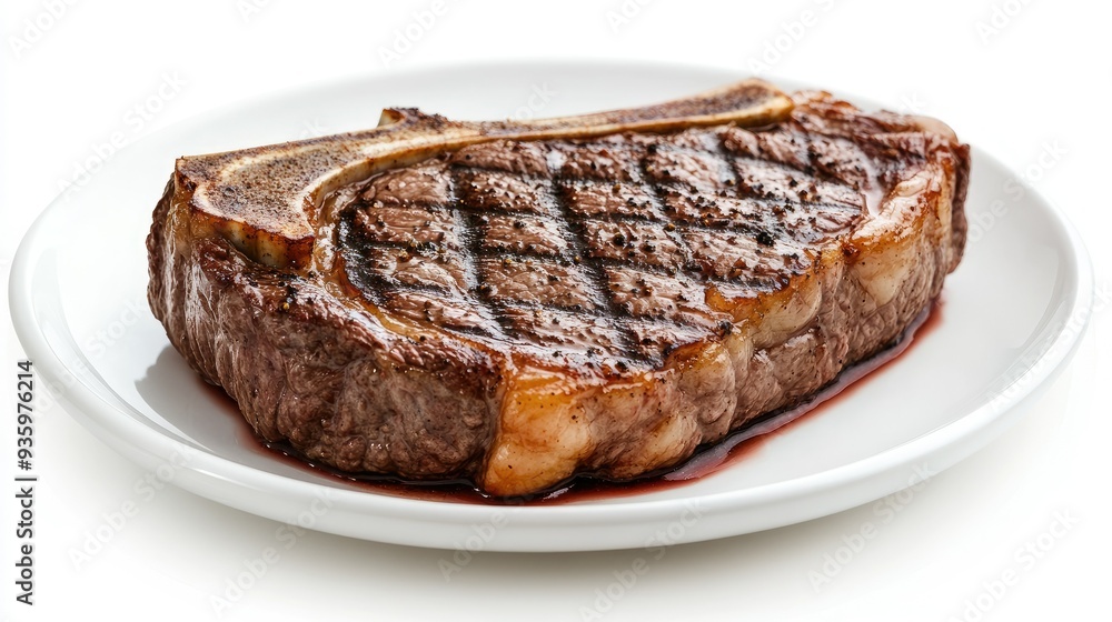 A juicy grilled beef steak with bone, isolated on a white plate against a white background. The focus is on the tender, flavorful meat. A juicy grilled beef steak with bone, isolated on a white plate against a white background. The focus is on the tender, flavorful meat.