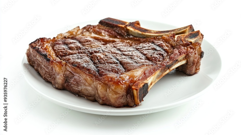 A juicy grilled beef steak with bone, isolated on a white plate against a white background. The focus is on the tender, flavorful meat. A juicy grilled beef steak with bone, isolated on a white plate against a white background. The focus is on the tender, flavorful meat.