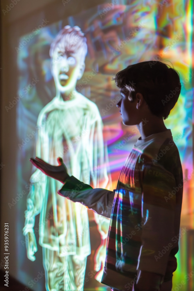 A young boy explores vibrant light projections in a dimly lit room, engaging with the dynamic visual artwork around him A young boy explores vibrant light projections in a dimly lit room, engaging with the dynamic visual artwork around him