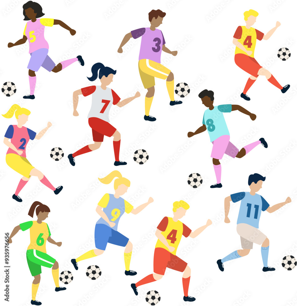 Soccer players kicking ball characters set with boys and girls, flat cartoon vector illustration isolated on white background. Soccer or football game players collection. Soccer players kicking ball characters set with boys and girls, flat cartoon vector illustration isolated on white background. Soccer or football game players collection.