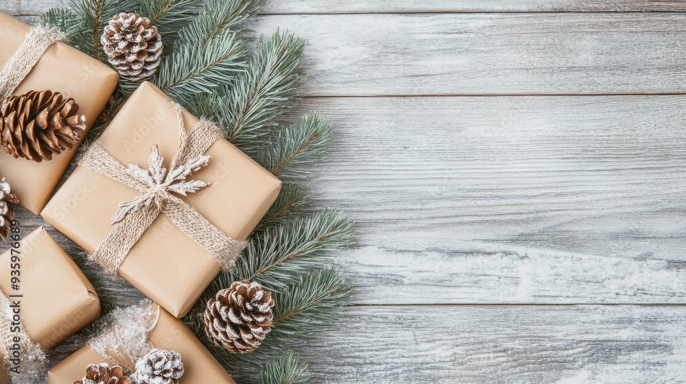 Fototapeta premium Close-up of beautifully wrapped Christmas gifts in kraft paper arranged with pine branches and cones on a wooden surface, creating a festive atmosphere for the holidays