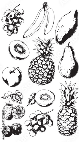 Sketch fruits. Strawberry melon, peach mango. Banana pineapple, raspberry grapes hand drawn fruit berry vector set 