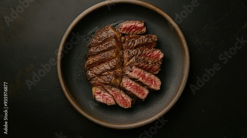 A perfectly cooked Wagyu Rib Eye steak, sliced and arranged on a plate. The dark background emphasizes the juicy, tender beef. Top view.