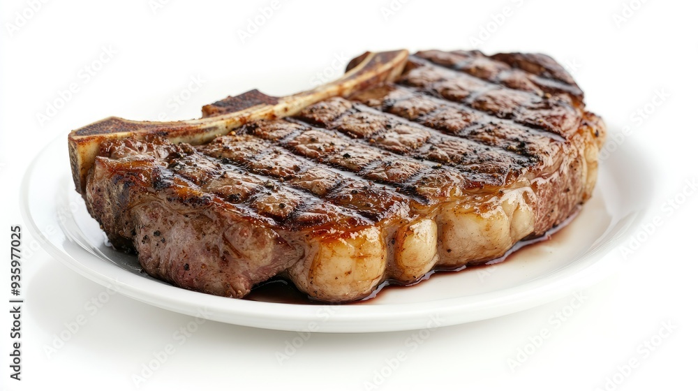 A perfectly grilled beef steak with bone, isolated on a white plate and background. The simplicity emphasizes the steak's succulent texture. A perfectly grilled beef steak with bone, isolated on a white plate and background. The simplicity emphasizes the steak's succulent texture.