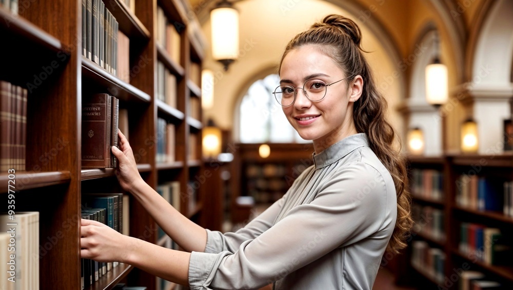 A girl student in the library is looking for a suitable book for herself A girl student in the library is looking for a suitable book for herself