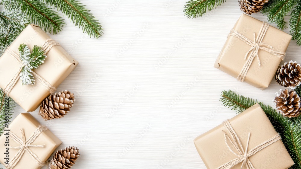Close-up of beautifully wrapped Christmas gifts in kraft paper arranged with pine branches and cones on a wooden surface, creating a festive atmosphere for the holidays Close-up of beautifully wrapped Christmas gifts in kraft paper arranged with pine branches and cones on a wooden surface, creating a festive atmosphere for the holidays