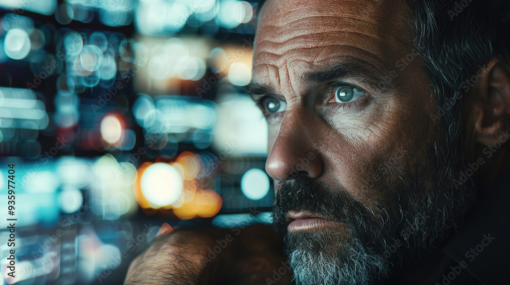A focused individual analyzes complex digital information in a darkened control room, reflecting on critical data late at night A focused individual analyzes complex digital information in a darkened control room, reflecting on critical data late at night
