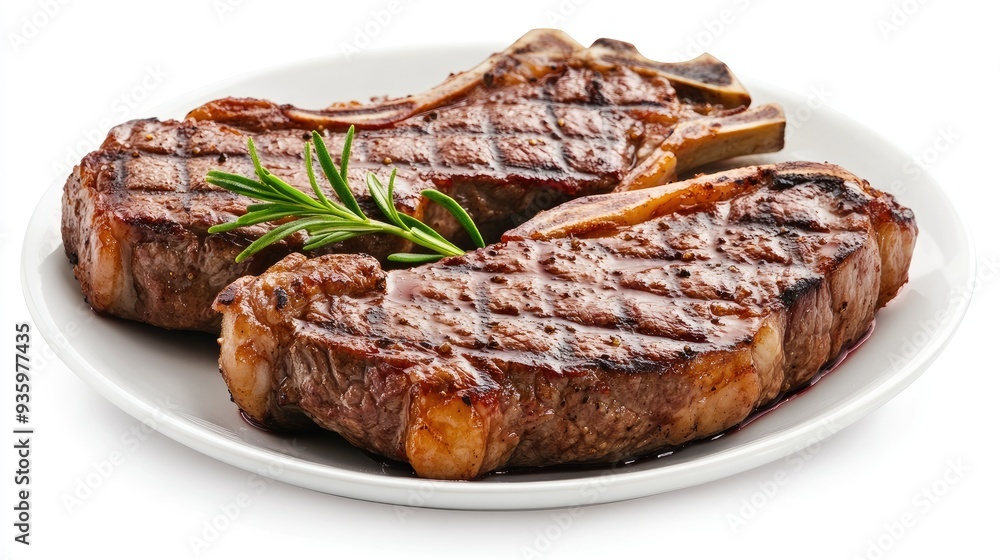 A plate of juicy grilled beef steak with bone, isolated on a white background. The minimal setting allows the steak's rich texture to stand out. A plate of juicy grilled beef steak with bone, isolated on a white background. The minimal setting allows the steak's rich texture to stand out.