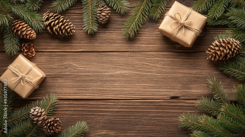Close-up of beautifully wrapped Christmas gifts in kraft paper arranged with pine branches and cones on a wooden surface, creating a festive atmosphere for the holidays Close-up of beautifully wrapped Christmas gifts in kraft paper arranged with pine branches and cones on a wooden surface, creating a festive atmosphere for the holidays