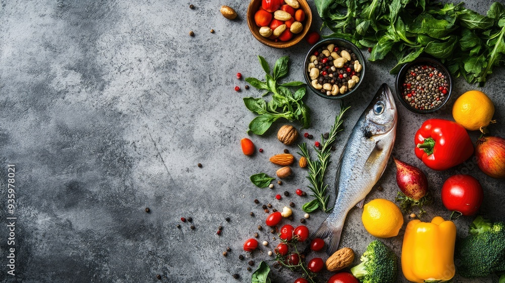 A selection of colorful vegetables, fresh fish, and nuts laid out on a textured concrete background. Perfect for health-conscious designs with space for text. A selection of colorful vegetables, fresh fish, and nuts laid out on a textured concrete background. Perfect for health-conscious designs with space for text.