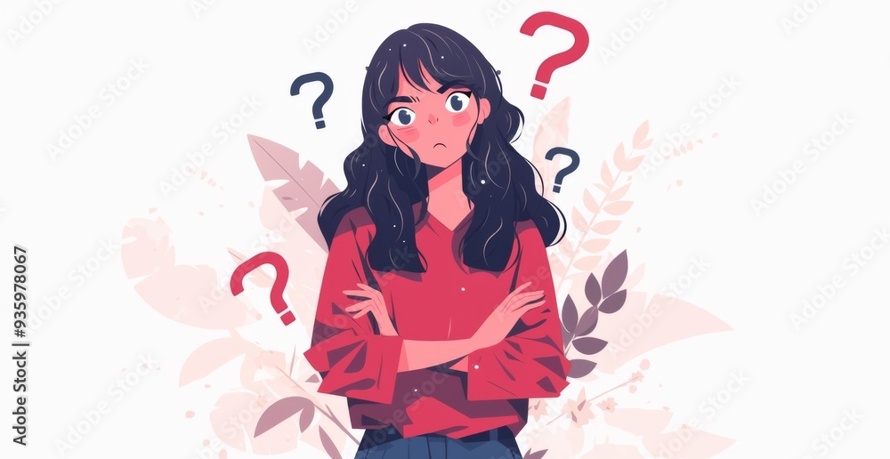 a Confused Adult Woman Surrounded by Question Marks with Pastel Colors and Simple Details a Confused Adult Woman Surrounded by Question Marks with Pastel Colors and Simple Details
