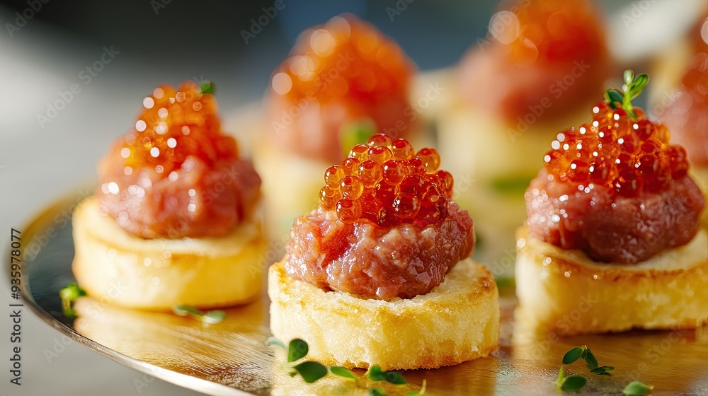 A sophisticated of brioche topped with beef tartar and red caviar, perfect for upscale dining. A sophisticated of brioche topped with beef tartar and red caviar, perfect for upscale dining.