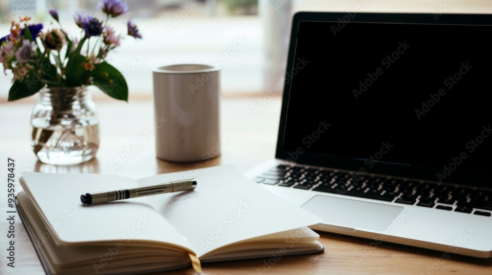Open Notebook, Pen, Laptop, Flowers. Open Notebook, Pen, Laptop, Flowers.