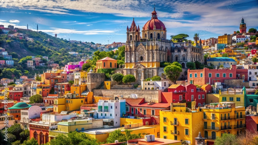 Fototapeta premium Vibrant Mexican town with cathedral and colorful houses on hillside, Mexico, town, cathedral, colorful, houses, hill