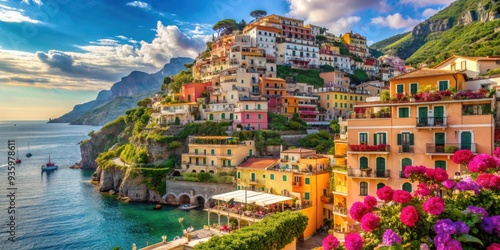 Italian town on the sea with terraced houses decorated with flowers, resembling the picturesque Amalfi coast landscape photo