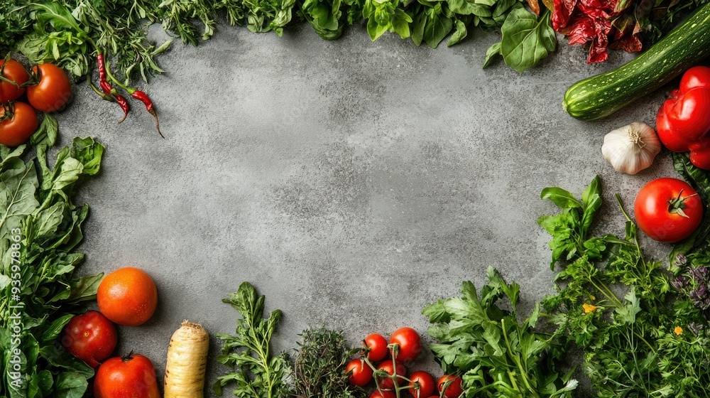A vibrant border of fresh vegetables and aromatic herbs surrounding a gray stone background, ideal for culinary and wellness content with free space for copy.