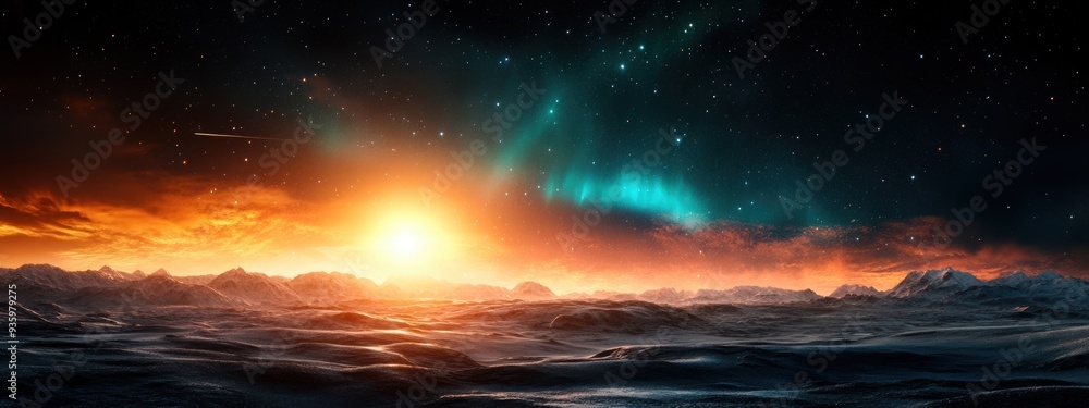Obraz premium Aurora over icy landscape with stars in the sky, realistic, high resolution --ar 8:3 --style raw --personalize pyz3xwv --stylize 250 --v 6.1 Job ID: 0ae06fec-e11e-4639-a7ec-f4f164149bea