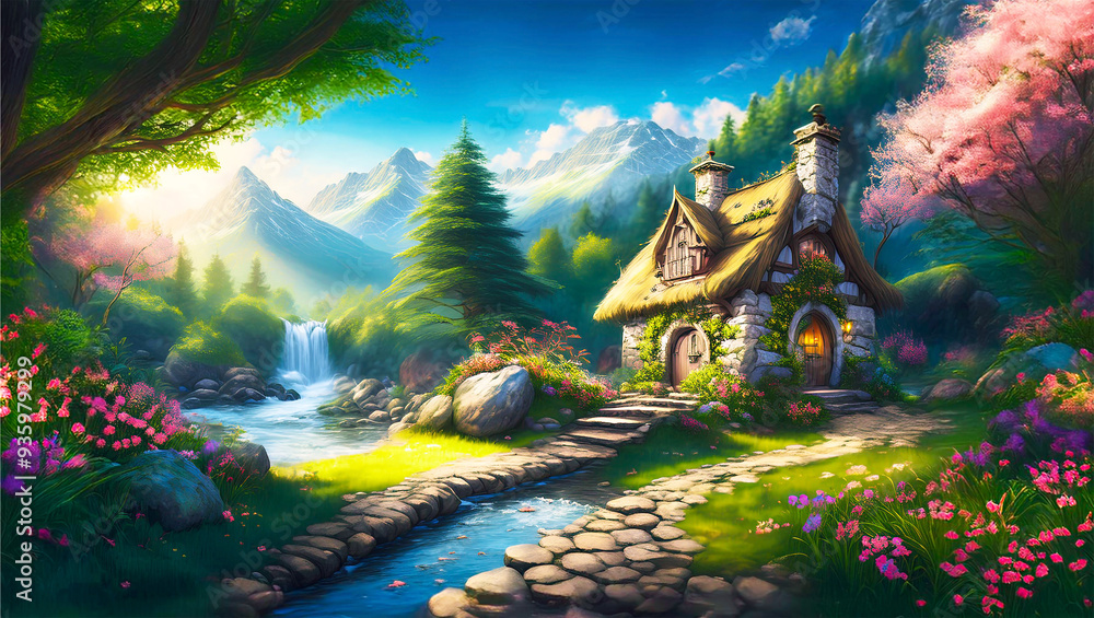 Obraz premium Fairytale-like thatched roof country house in lushly pine forest