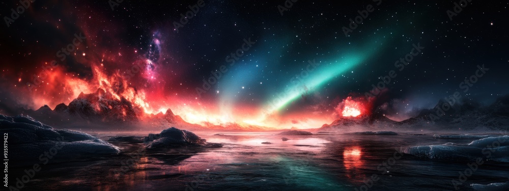 Aurora over icy landscape with stars in the sky, realistic, high resolution Aurora over icy landscape with stars in the sky, realistic, high resolution