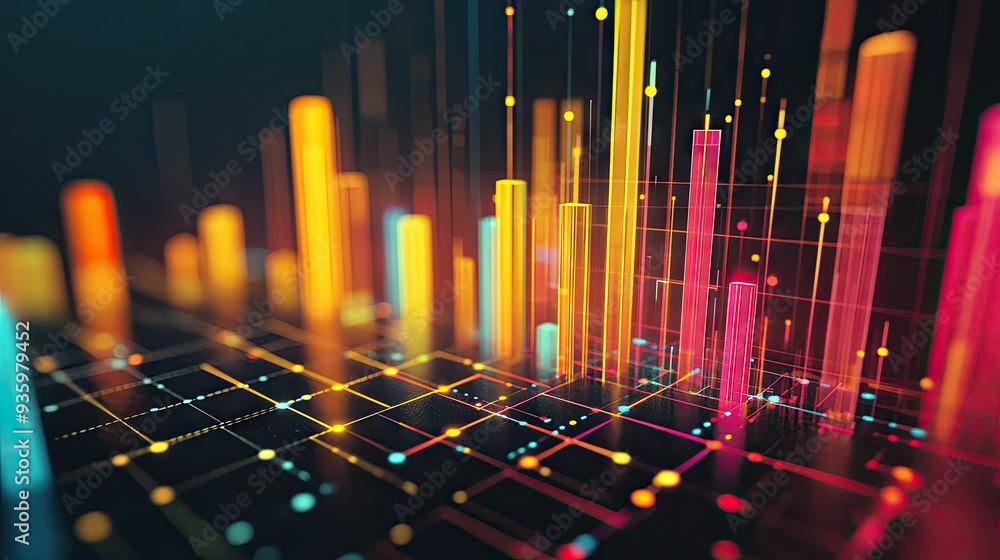 Abstract 3D financial graph with colorful, intersecting bars and lines on a black background. Abstract 3D financial graph with colorful, intersecting bars and lines on a black background.