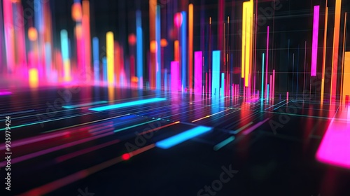 Abstract 3D financial graph with colorful, intersecting bars and lines on a black background.