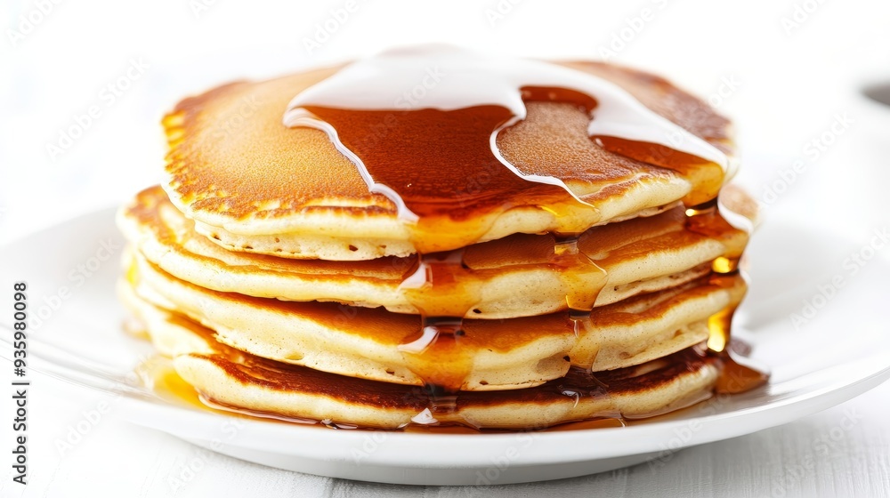 Delicious stack of fluffy pancakes drizzled with golden syrup, perfect for breakfast or brunch settings. Delicious stack of fluffy pancakes drizzled with golden syrup, perfect for breakfast or brunch settings.