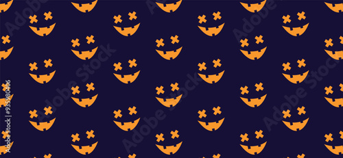 Seamless scary pumpkin face pattern. Vector spooky creepy face icons