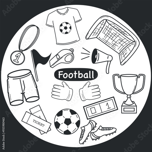 Doodle set with football items. T-shirt, shorts, gate, boots, ball, flag, cup, whistle flat cartoon vector illustration isolated on white background. Soccer or football game players collection.