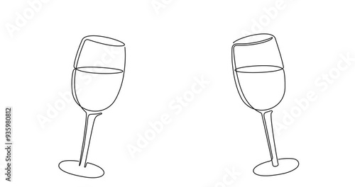 Two wine glasses clink, continuous black one line drawing illustration animated on white background. Video 4K motion graphic element loop animation