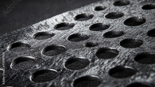 The metal surface has multiple holes arranged in Macro