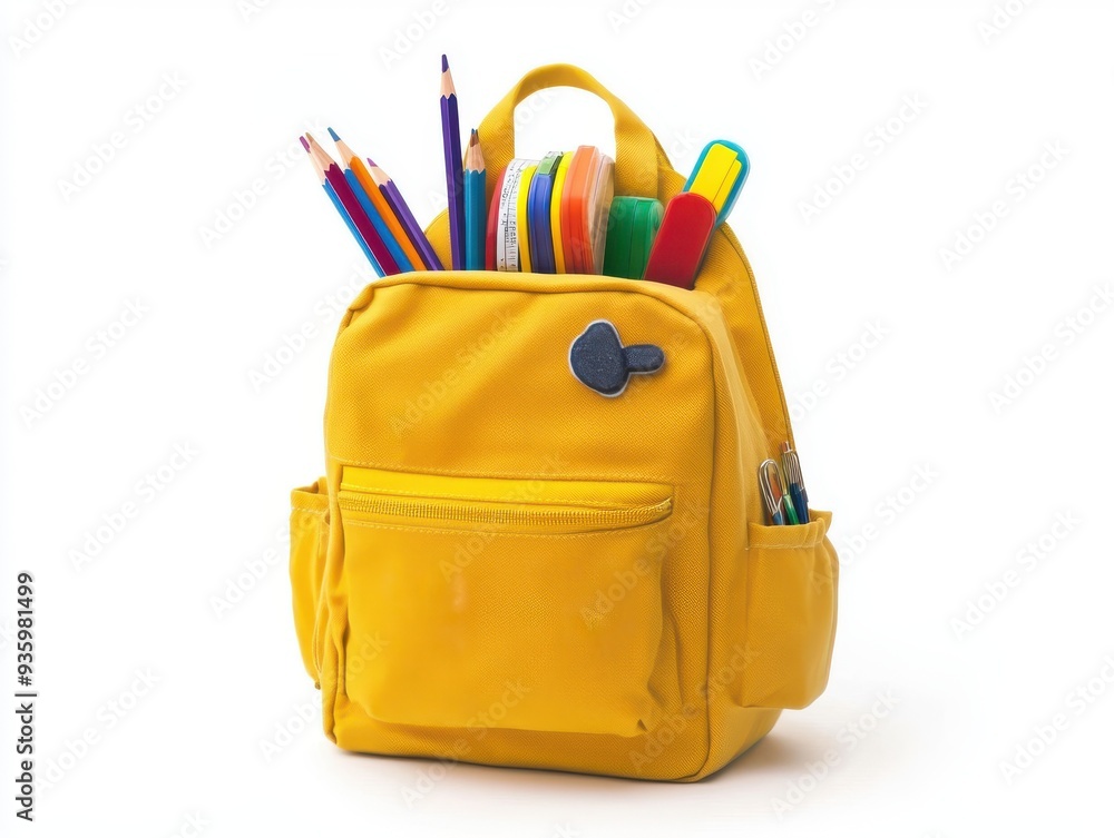Mochila con Útiles Escolares Aislada sobre Fondo Blanco Mochila con Útiles Escolares Aislada sobre Fondo Blanco