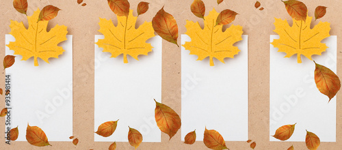 Decorative autumn leaf and blank paper card for text message on a brown background.