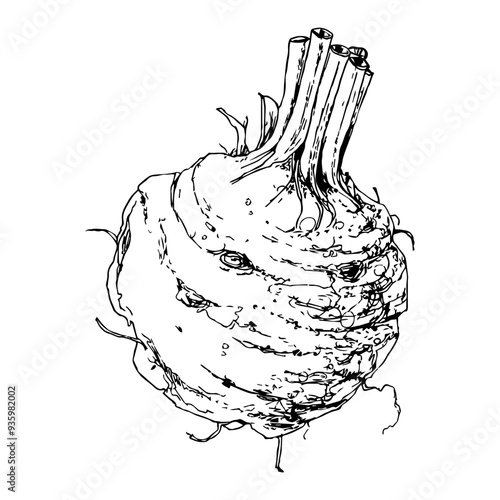 Highly detailed, hand drawn, and vectorized illustration of a Celeriac. The illustration is fully editable and comes as single file in format SVG.