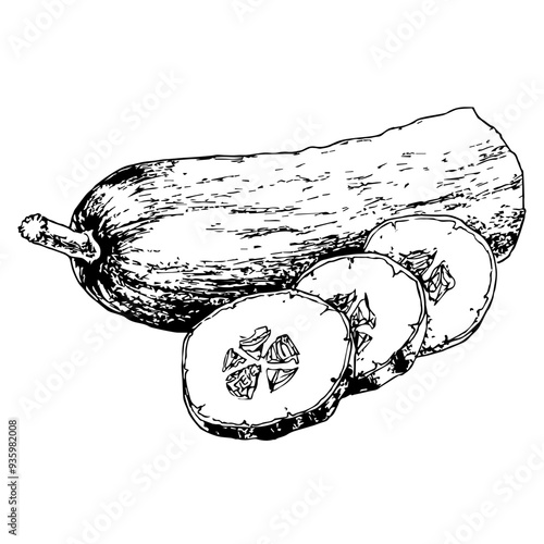 Highly detailed, hand drawn, and vectorized illustration of a Cucumber. The illustration is fully editable and comes as single file in format SVG.