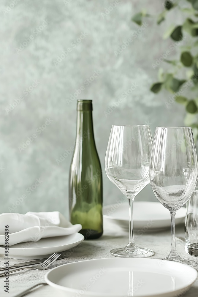 A sophisticated table setting featuring wine glasses and a green wine bottle, ready for an elegant dining experience. A sophisticated table setting featuring wine glasses and a green wine bottle, ready for an elegant dining experience.