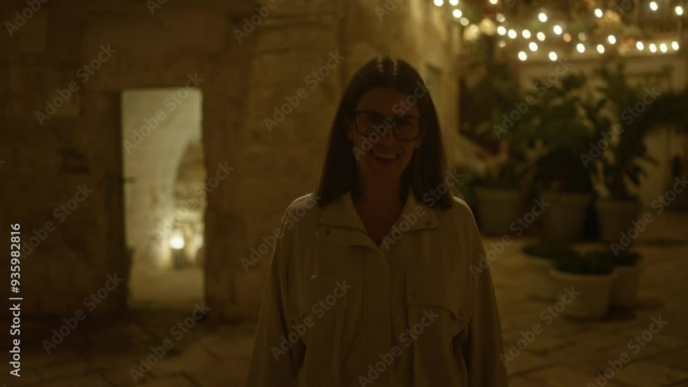 A young woman enjoys a night walk in the beautifully lit streets of polignano a mare, puglia, italy, with stone buildings and greenery surrounding her. A young woman enjoys a night walk in the beautifully lit streets of polignano a mare, puglia, italy, with stone buildings and greenery surrounding her.