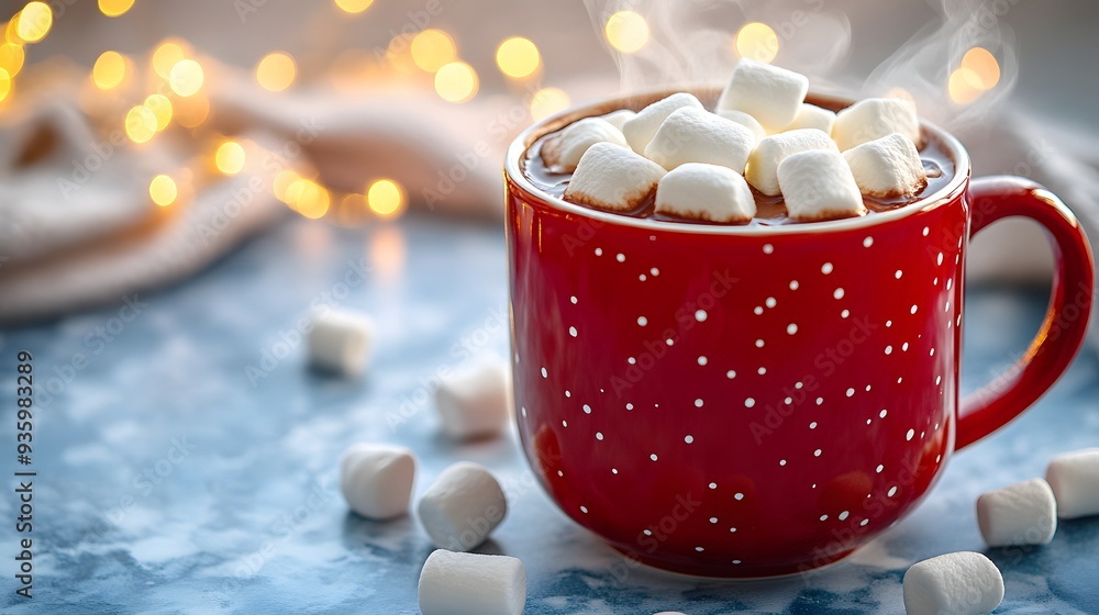 Red ceramic mug filled with hot chocolate and marshmallows on blue and white marble countertop, warm fairy lights in background, cozy atmosphere. Red ceramic mug filled with hot chocolate and marshmallows on blue and white marble countertop, warm fairy lights in background, cozy atmosphere.