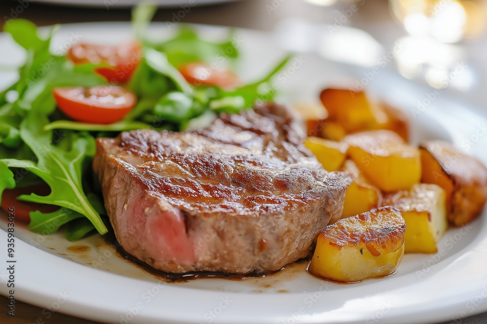 A mouth-watering grilled steak served with fresh salad greens and crisp, golden roasted potatoes on a classy white plate. A mouth-watering grilled steak served with fresh salad greens and crisp, golden roasted potatoes on a classy white plate.