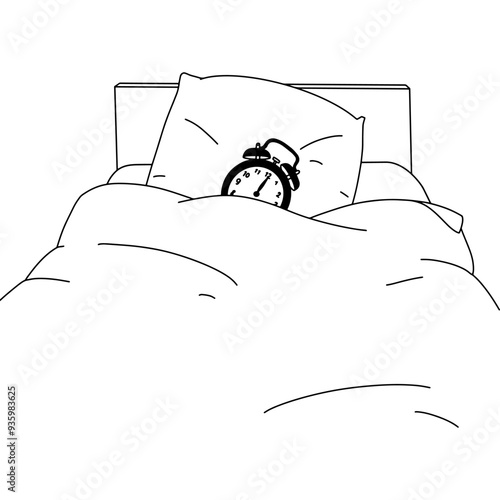 Outline drawing of a bed with a pillow and an alarm clock. Vector illustration