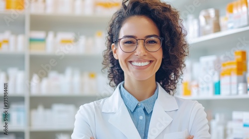 Confident pharmacist in white coat smiling in a pharmacy with shelves of medicine in the background, representing healthcare and medicine.